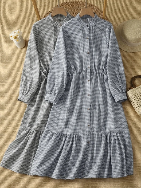 Autumn 2026 Brand Women's Plaid Stand Collar Drawstring Waist Long Sleeve Dress Casual Style A-Line Skirt Cotton Fabric