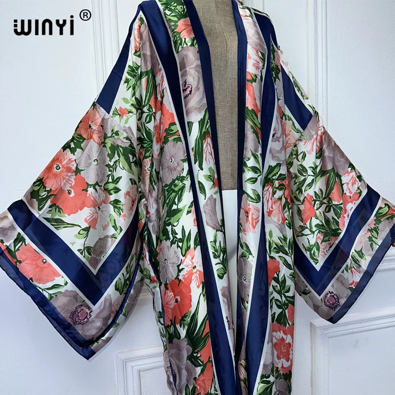 WINYI Africa Bohemia print Kimono long dresses for woman Cardigan beach outfits kaftan beach cover up evening dress maxi coat