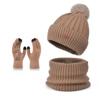 3pcs Solid Color Hat Scarf Gloves Set Wool Warm Thermal Knit Cap Fleece Lined Neck Protector Winter Beanie Hat Women/men