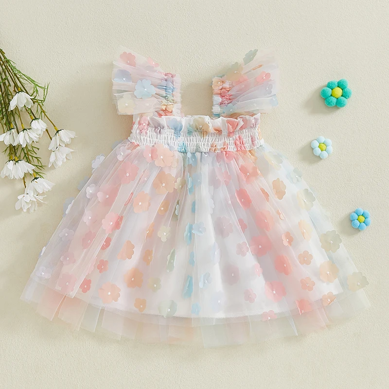 Toddler Girls Dress Flower Embellished Fly Sleeve Casual Dress Baby Summer Princess Dress