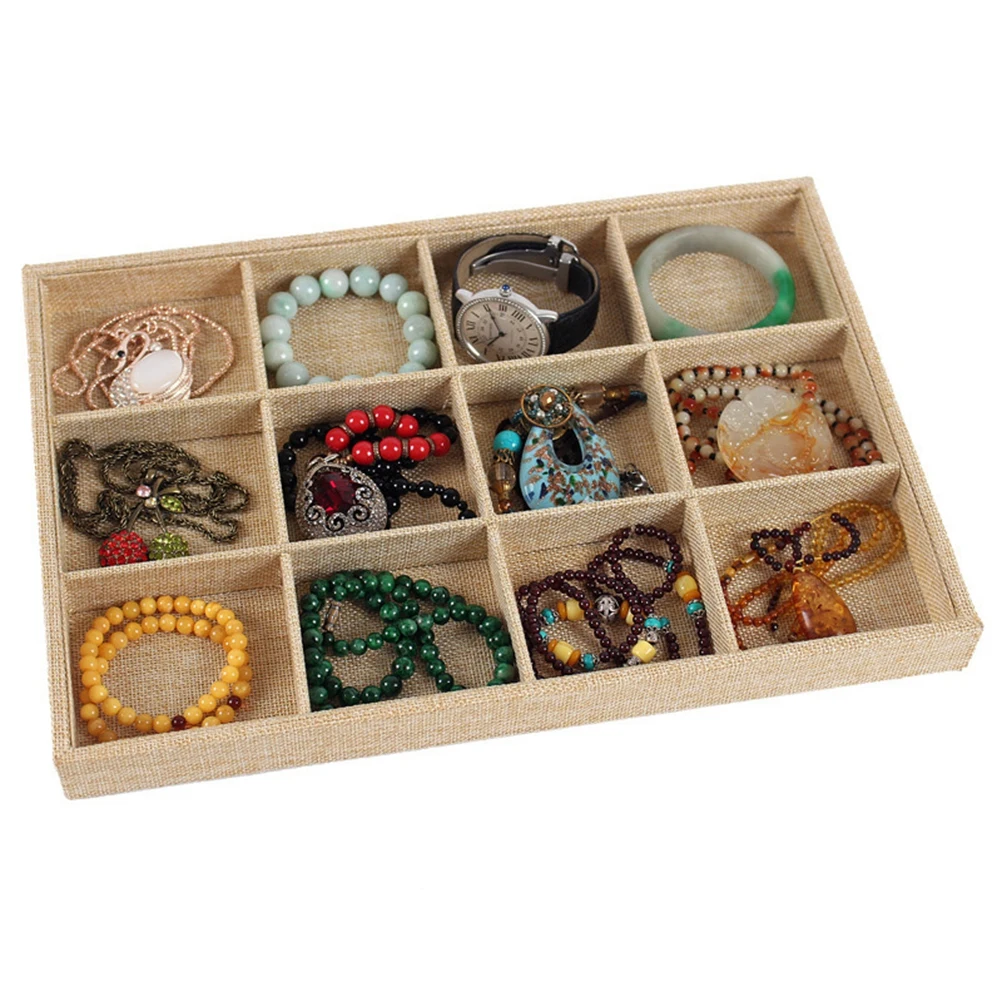 

Jewelry Tray Organizer 12 Adjustable Grids Rings Watches Bracelets Necklace Display Sackcloth Showcase Storage Dish Premium
