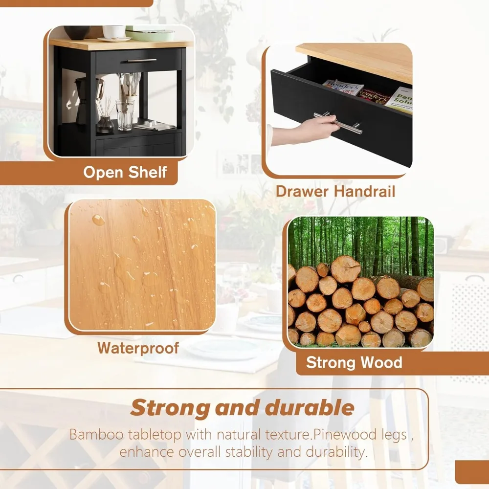 Carrinho de ilha de cozinha com armário de armazenamento, prateleiras e alça de toalheiro para organização móvel de cozinha