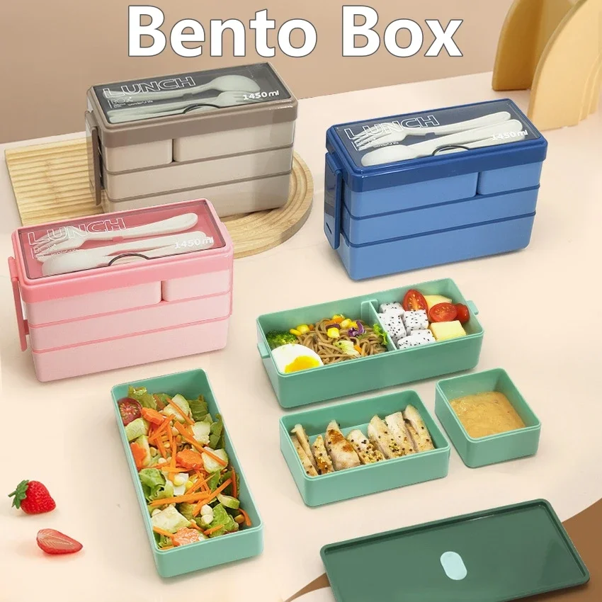 

900 мл Bento Box для детей, 3 штабелируемые ланч-бокс с вилкой и ложкой, портативный контейнер для хранения еды из пшеничной соломы для микроволновой печи