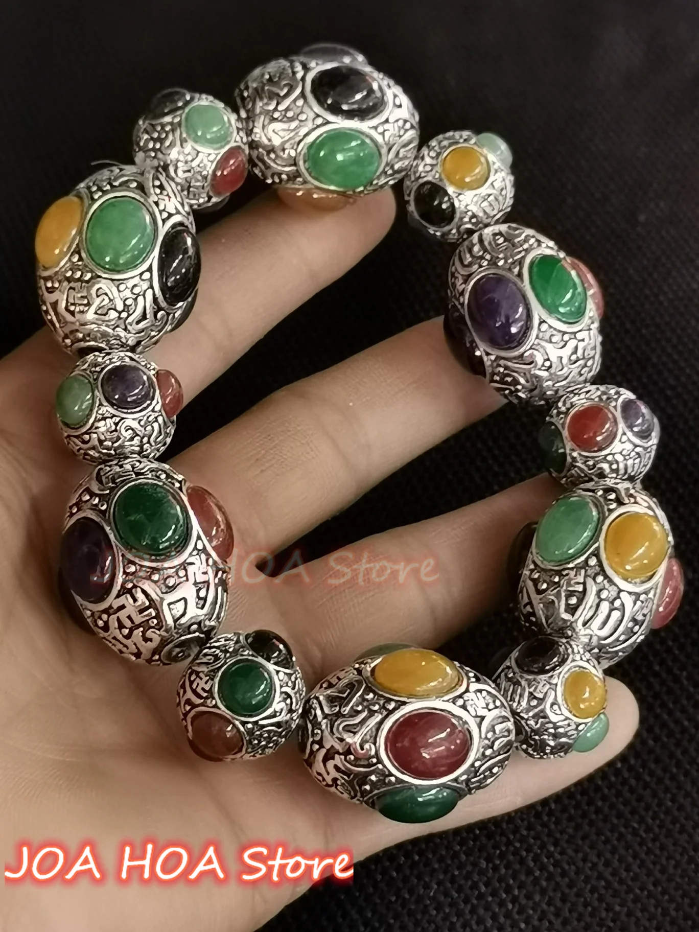 Silver Inlay Old-Jade Bracelet Colorful Jade Hand Row Bangle Jade-Beads Hand-carved Guardian Amulet Handring Fine Jewelry