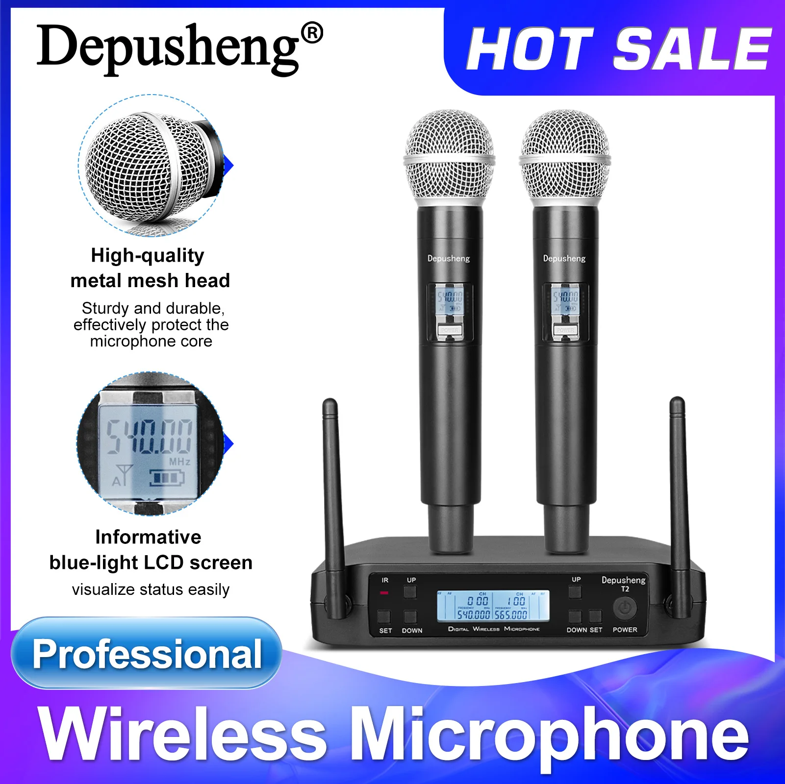 

2 UHF Channel Wireless Microphone System, Depusheng T2 Handheld Portable Karaoke Dynamic Microphone System for Singing, Karaoke