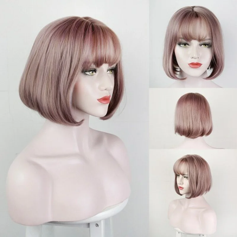 

Ladies Wig Short Wig Brown Purple Wig Women's Fashion Full Wigs+Wig Cap