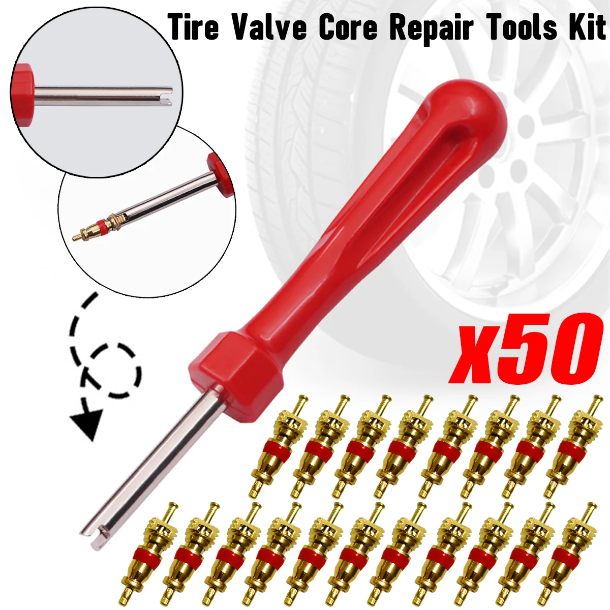 Núcleo de válvula de pneu de bicicleta, 10-50 peças, com alça com fenda, kit de chave de fenda, haste de válvula de cobre, remoção de núcleo, ferramentas de reparo para auto moto bike