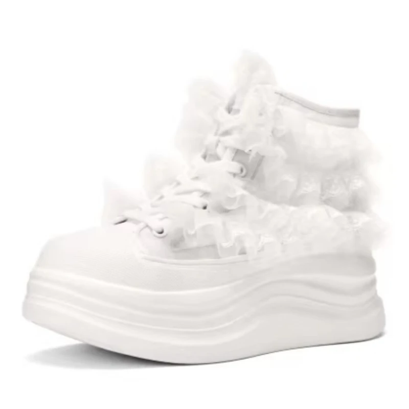 Genuine Leather Mesh Decorative High Top Shoes for Women's Spring and Summer New Design Thick Sole Height Increasing White Shoes
