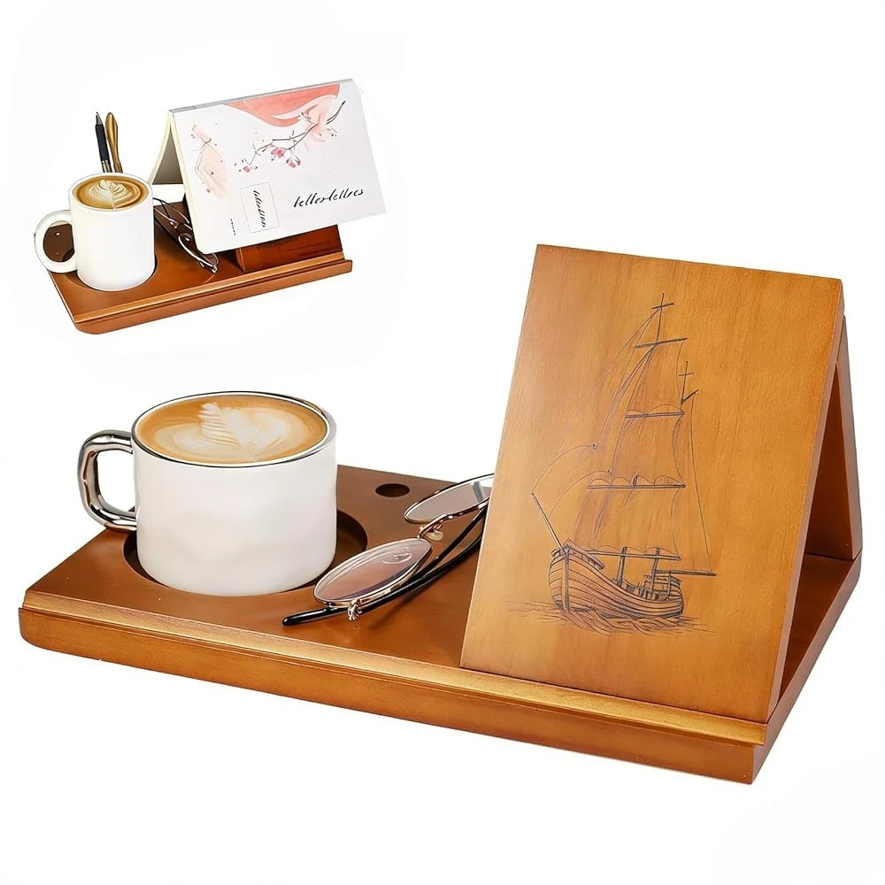 

Деревянная подставка для книг в форме треугольника с дизайном парусника, морская подставка для чтения с держателем для чашки, мини-полка для книг, подставка для планшета