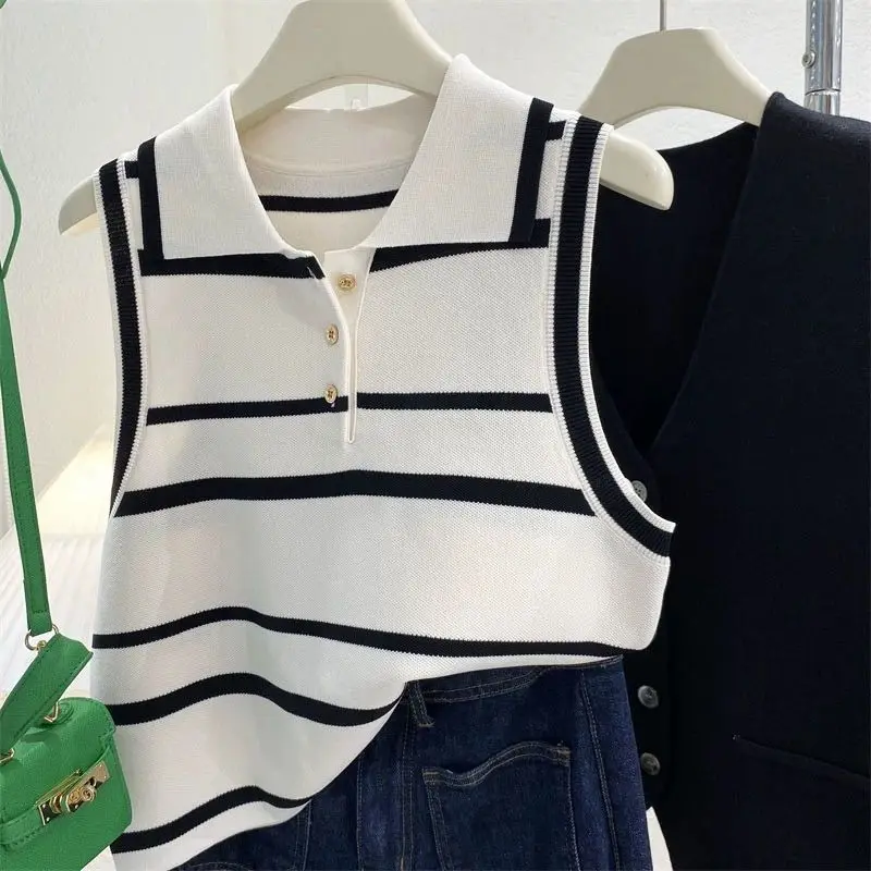 

Женский трикотажный жилет без рукавов из ледяного шелка в полоску с воротником-поло, свободный, универсальный, повседневный летний топ