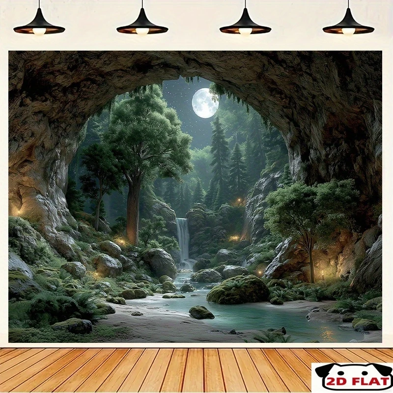 VIKAMA Waterfall Cave Wall Mural, 3D Nature Landscape Peel and Stick Wallpaper, Living Room Bedroom Decorative Backdrop