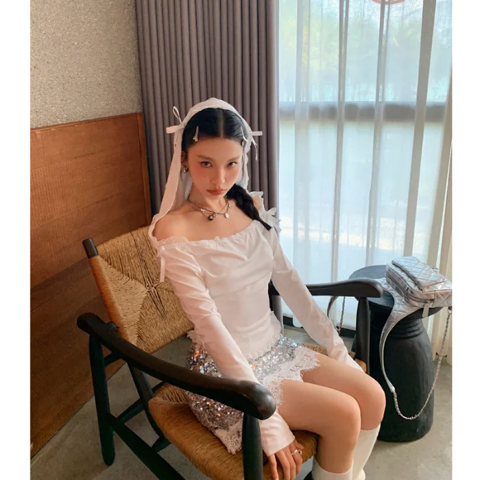 

Gyaru Style Personality Mysterious Casual Lace Design Sexy Hots weet Y2k High Street Hipster All-match Slash-neck Hoodies