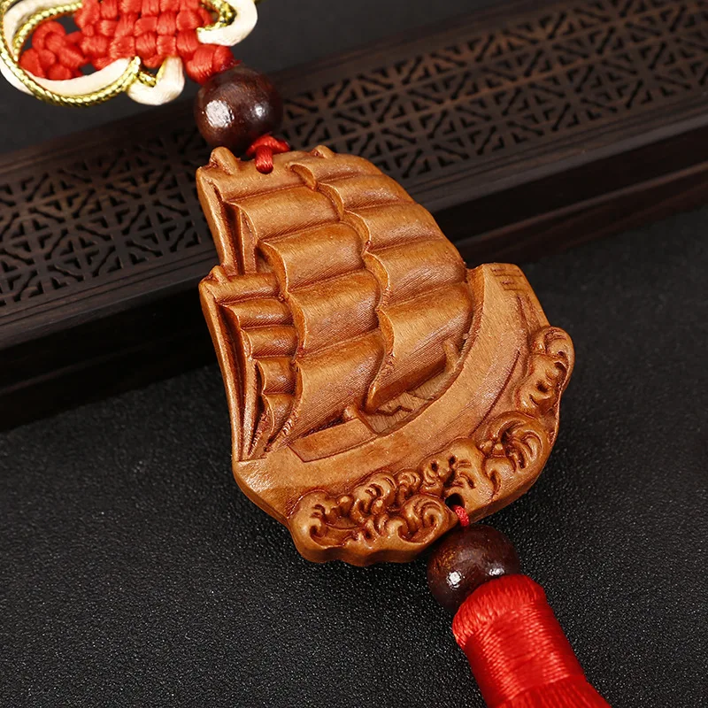 Hot Gift Hanging Car Interior Accessories Peach Wood Carving Smooth Sailing Rear View Mirror Pendant