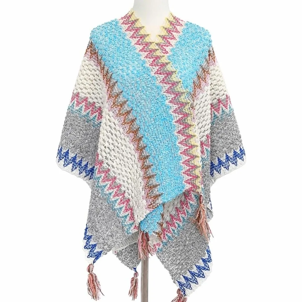 Vintage Color-block Striped Bohemian Knit Poncho Pullover Ethnic Boho Tassel Poncho Tassel Boho Knitted Cape Wrap For Women