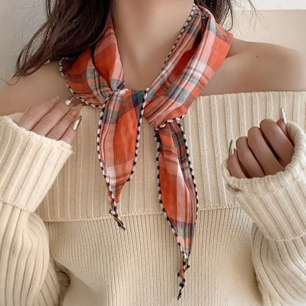 

Retro Cotton Lattice Headscarf Thin Turban Pastoral Style Headscarf Scarf Vintage Triangular Hair Band Vacation