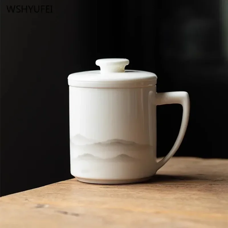 1pcs White porcelain cup Ceramic sheep fat jade tea cup Tea separation cup Office covered filter teacup 380ml