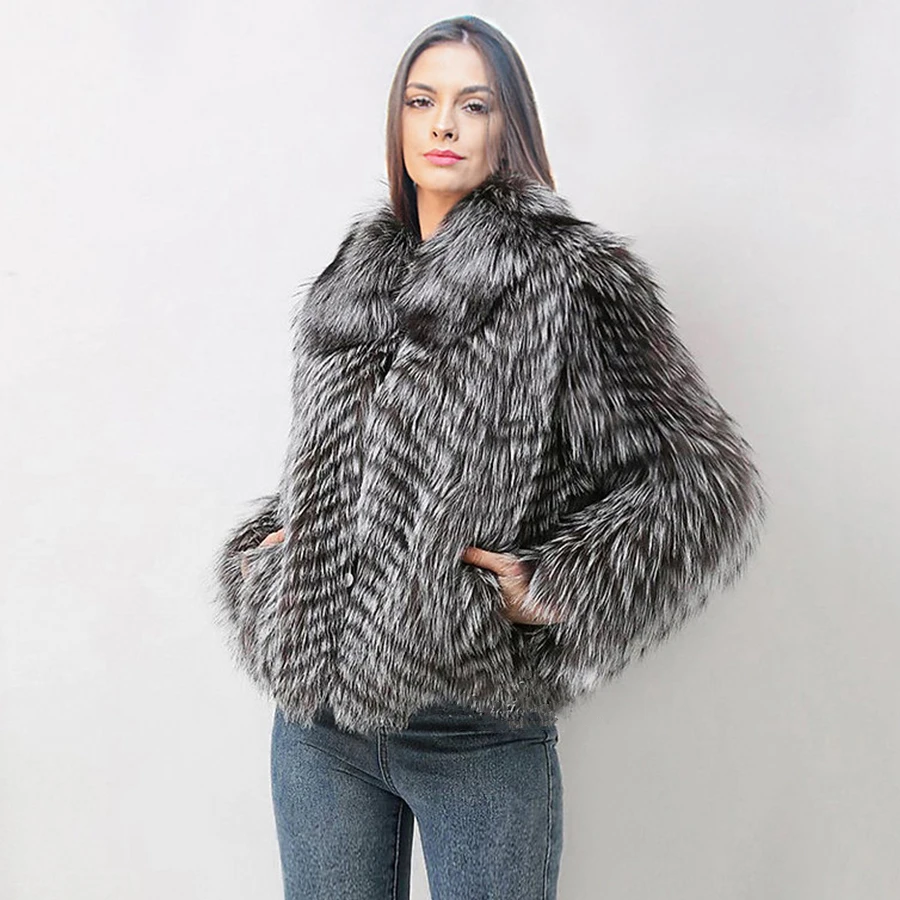 Genuine Fox Fur Coat With Turndown Collar Fox Fur Jacket Women's Winter Real Fox Furs Jackets Fashion Woman