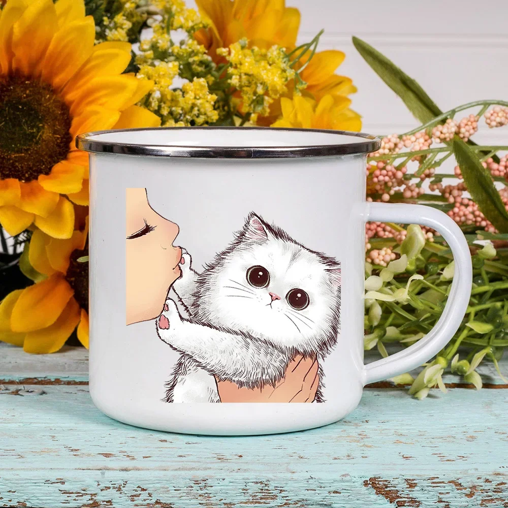 Cartoon Cat Print Enamel Coffee Tea Mugs Cute Animal Breakfast Dessert Milk Water Cups Love Cat Home Drinkware Best Friend Gifts