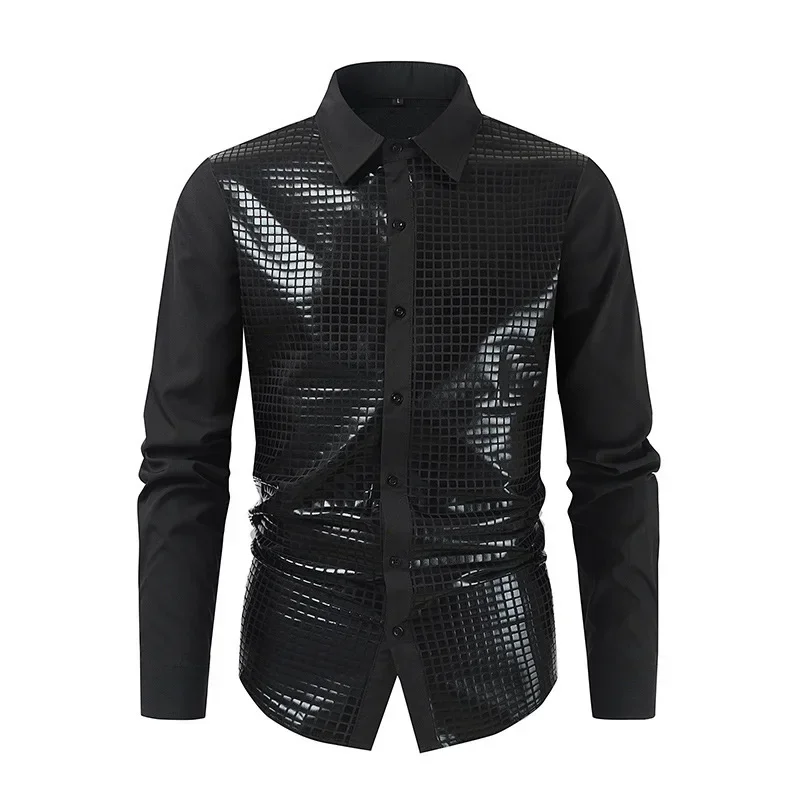 

#4662 Black Spli Joint Long Sleeve Shirt Men Singer Night Club Dance Streetwear Hip Hop Shirt Sequines Shirt Turn-down Collar