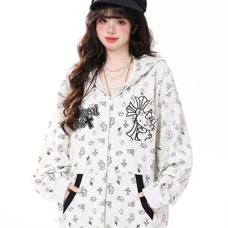 New Cartoon Hello Kitty Sweet Edgy Cross Stitch Hoodie for Men Women Zipper Casual Oversized Cardigan Sweatshirt Adorable Gift