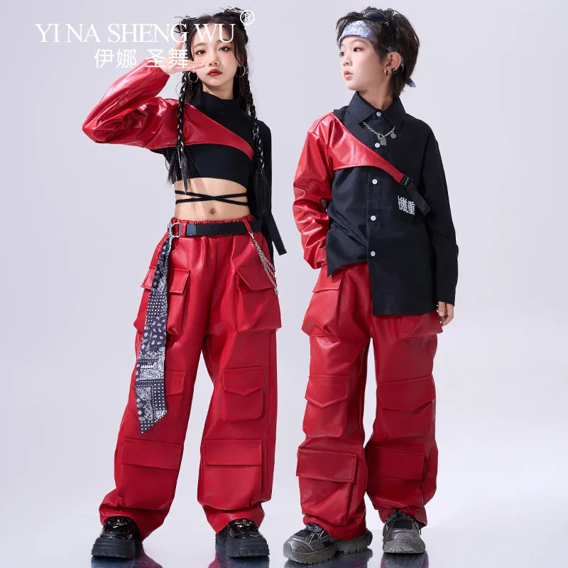 Trajes de jazz infantil meninos e meninas hip-hop na moda dança de rua vermelho-preto terno crianças moda k-pop palco desempenho traje