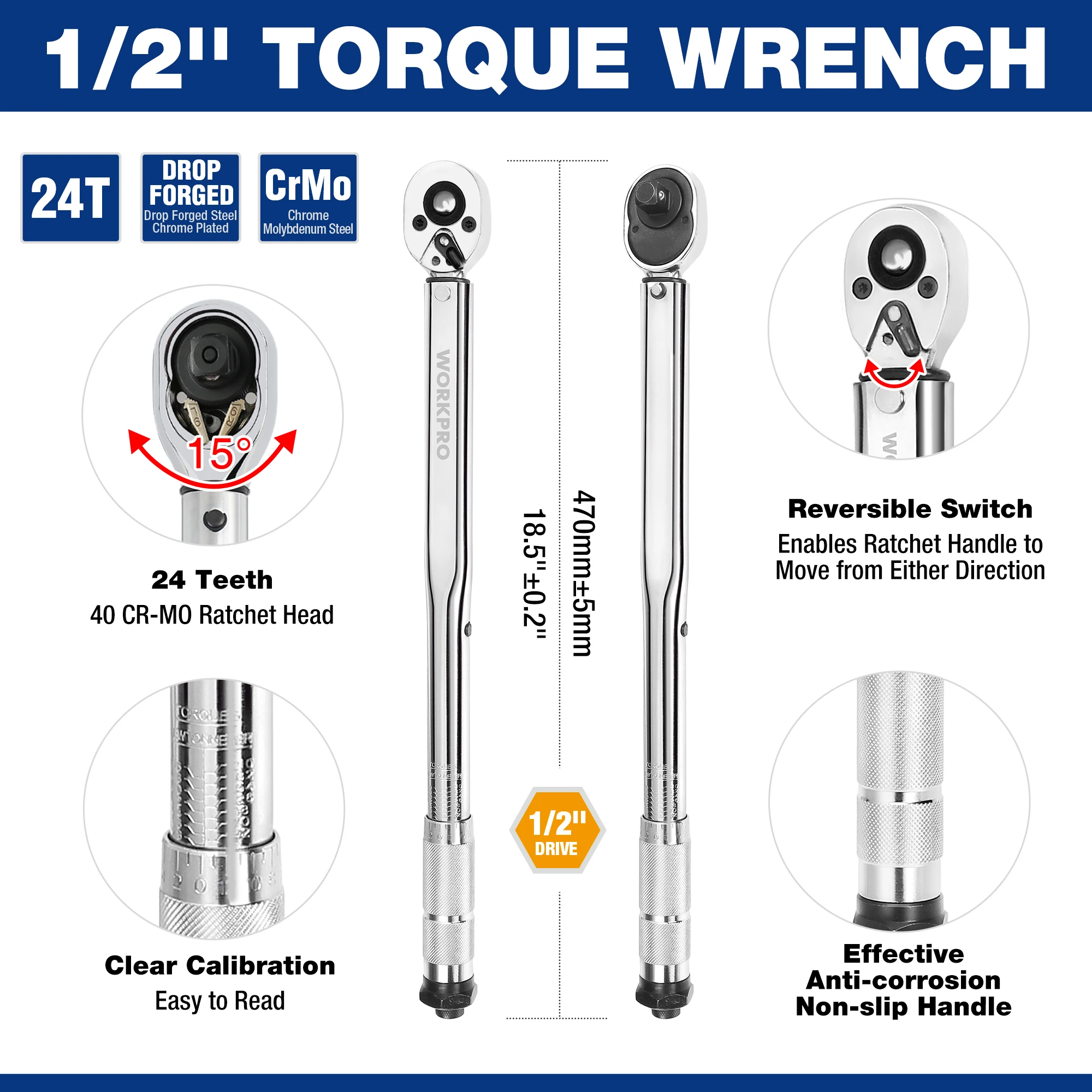 WORKPRO 1/2\'\' Square Drive Torque Wrench 5-100 Ft-lb 24-Tooth Two-way Precise Ratchet Wrench Repair Spanner Key