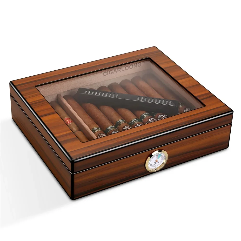 Classic Cedar Wood Cigar Humidor Desktop Box with Humidifier and Hygrometer Divider Glass Top Cigar Humidor Portable Travel Case