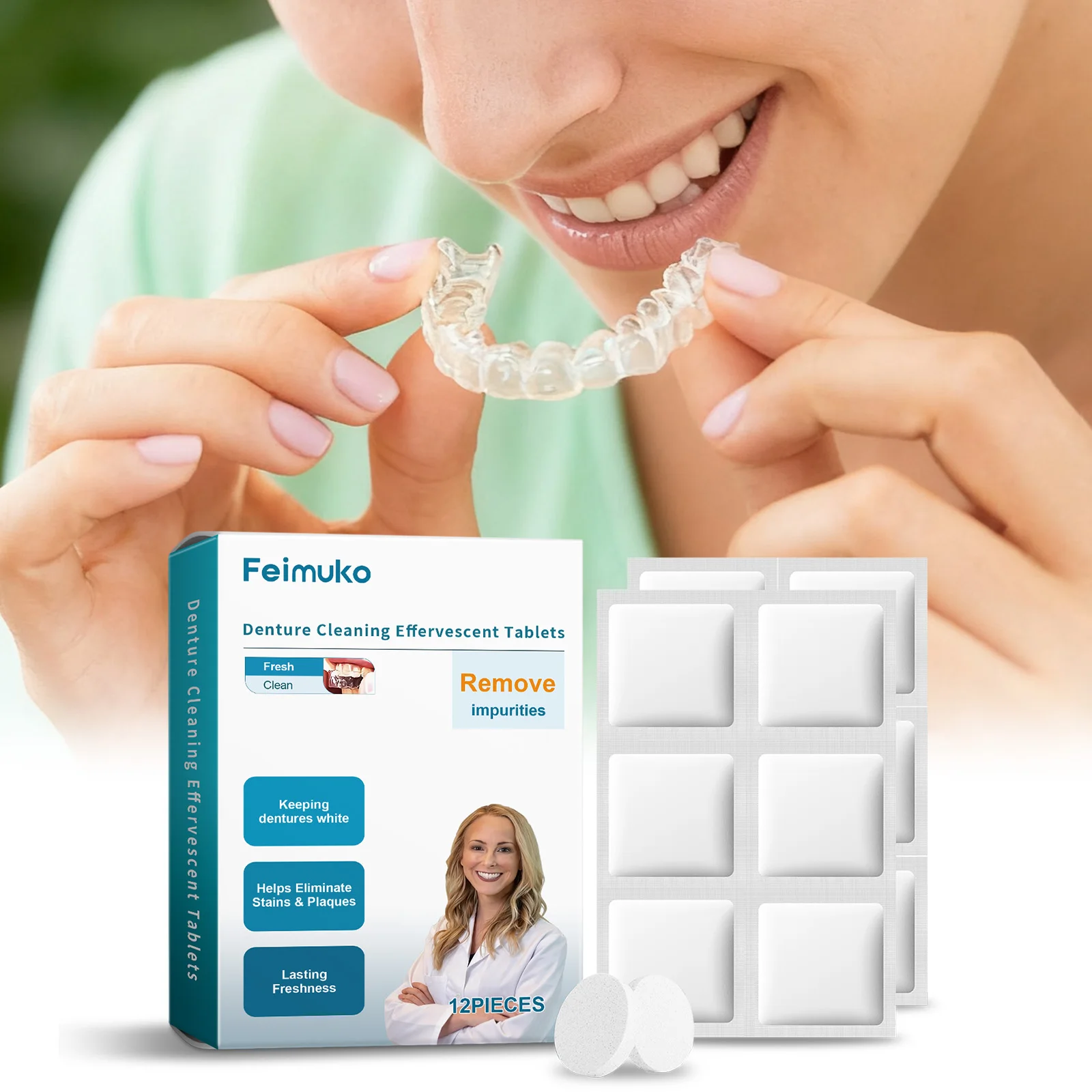 

Denture Cleanser Effervescent Tablets Odor Eliminator Fresh Breath Remove Stains Odors for Denture Retainer Mouth Guard Clean