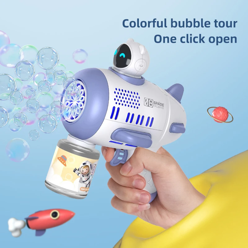 Automatic Water Gun Spaceman Rocket 12 Holes Shape Soap Bubble Blower with Light Bubble Machine Toy for Boy Girl Birthday Gift