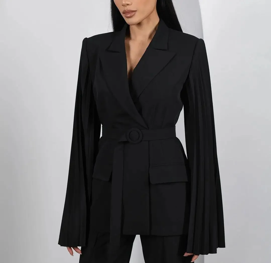 Eleganti abiti da donna Slim pantaloni Blazer a maniche lunghe formali neri risvolto con visiera con cintura Plus Size madre della sposa su misura