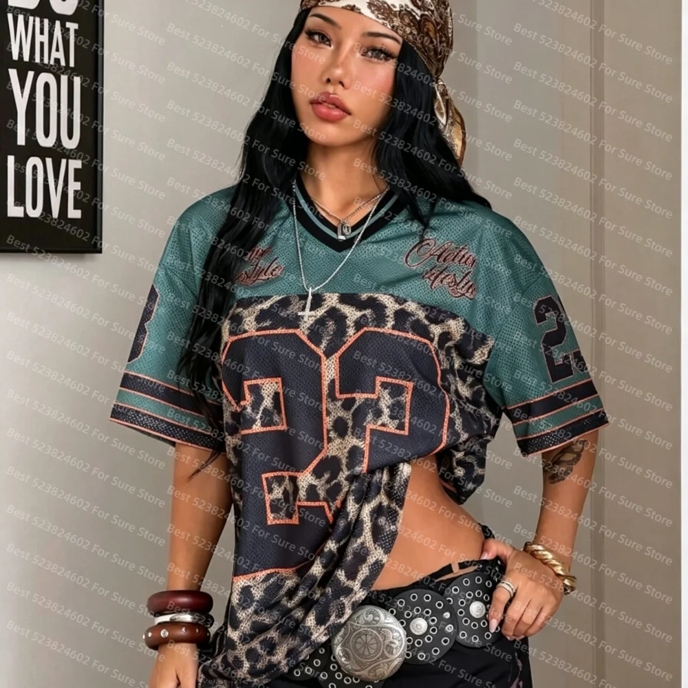 Damen-T-Shirt mit numerischem Aufdruck, kurzärmelig, Mesh, Farbblock, lockere Passform, Sport-T-Shirt, Frühling, Sommer, Grafik-T-Shirts, Damen, sexy Sport-Tops – Detail 4