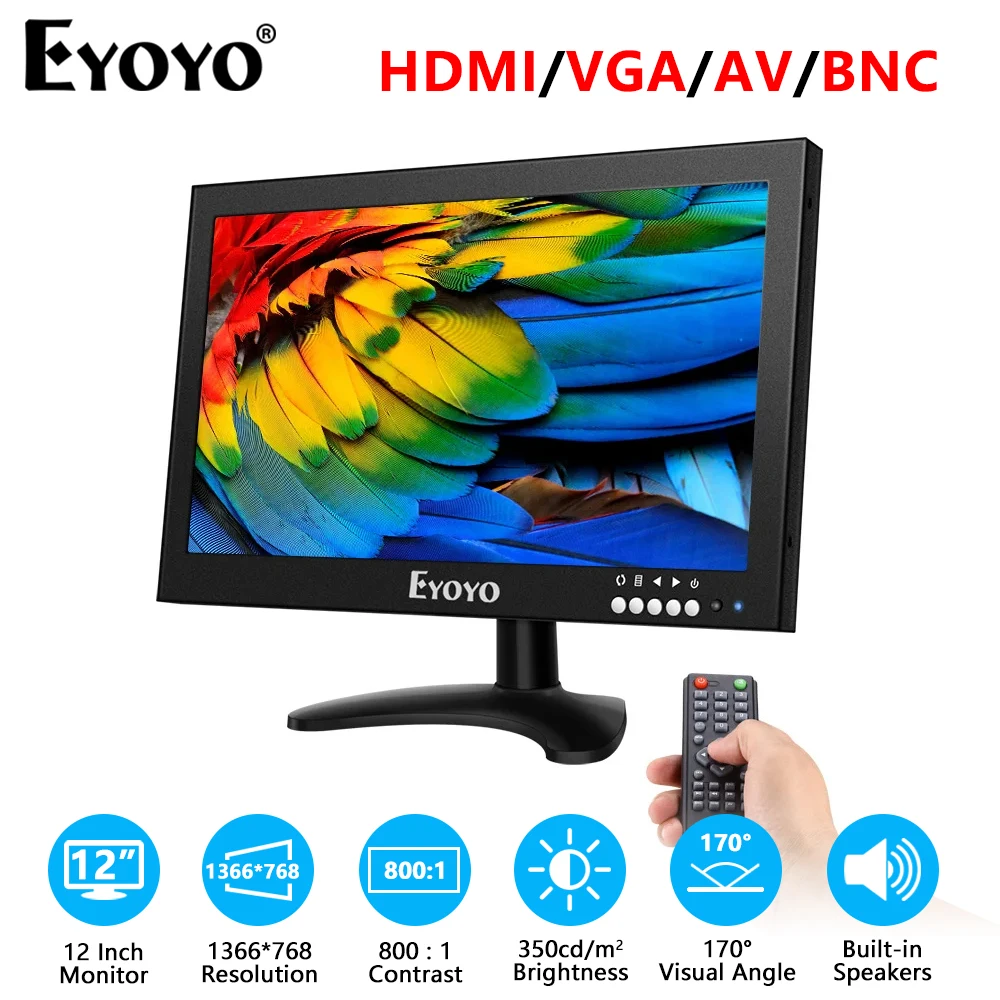 Eyoyo 12'' HDMI IPS Monitor 1366x768 Metal Housing LED Screen HDMI/VGA/AV/BNC port With Wall Bracket for PC CCTV Security camera