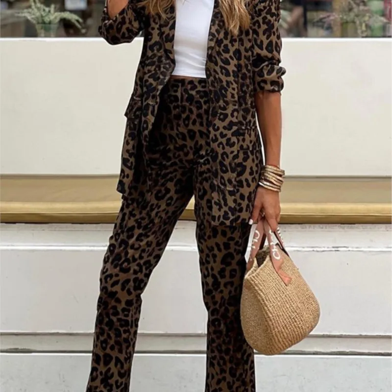 

Woman Trousers Set Elegant Style Leopard Print Autumn Winter Long-sleeved Lapel Single-breasted Top Trousers Two Pieces Set For