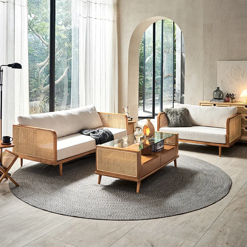 Nordic solid wood sofa combination holiday home rattan sofa new Chinese leisure B & B villa recliner rattan chair