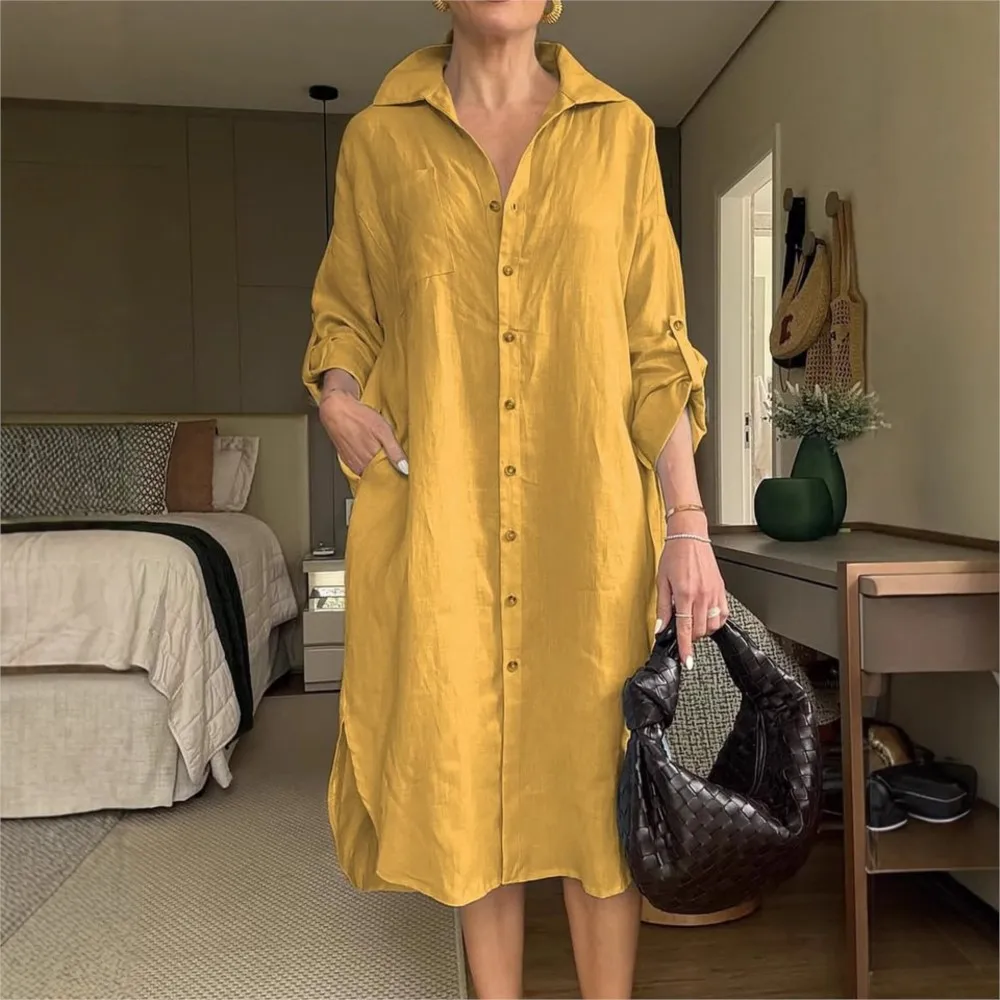 Casual Solid Color Loose Shirt Long Sleeved Women's Dresses New Spring Summer Fashion  Bagged Roll Sleeves Cardigan Female Dress