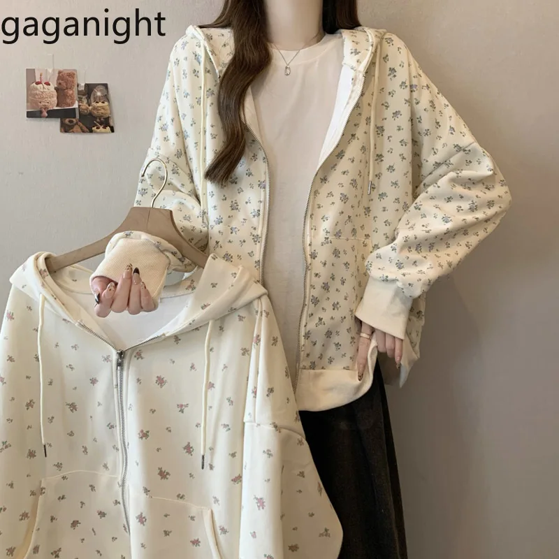 

Gaganight Women Stylish Casual Personality Floral Hooded Sweatshirt 2024 Autumn New Loose Lazy Style Long Sleeved Top Jacket