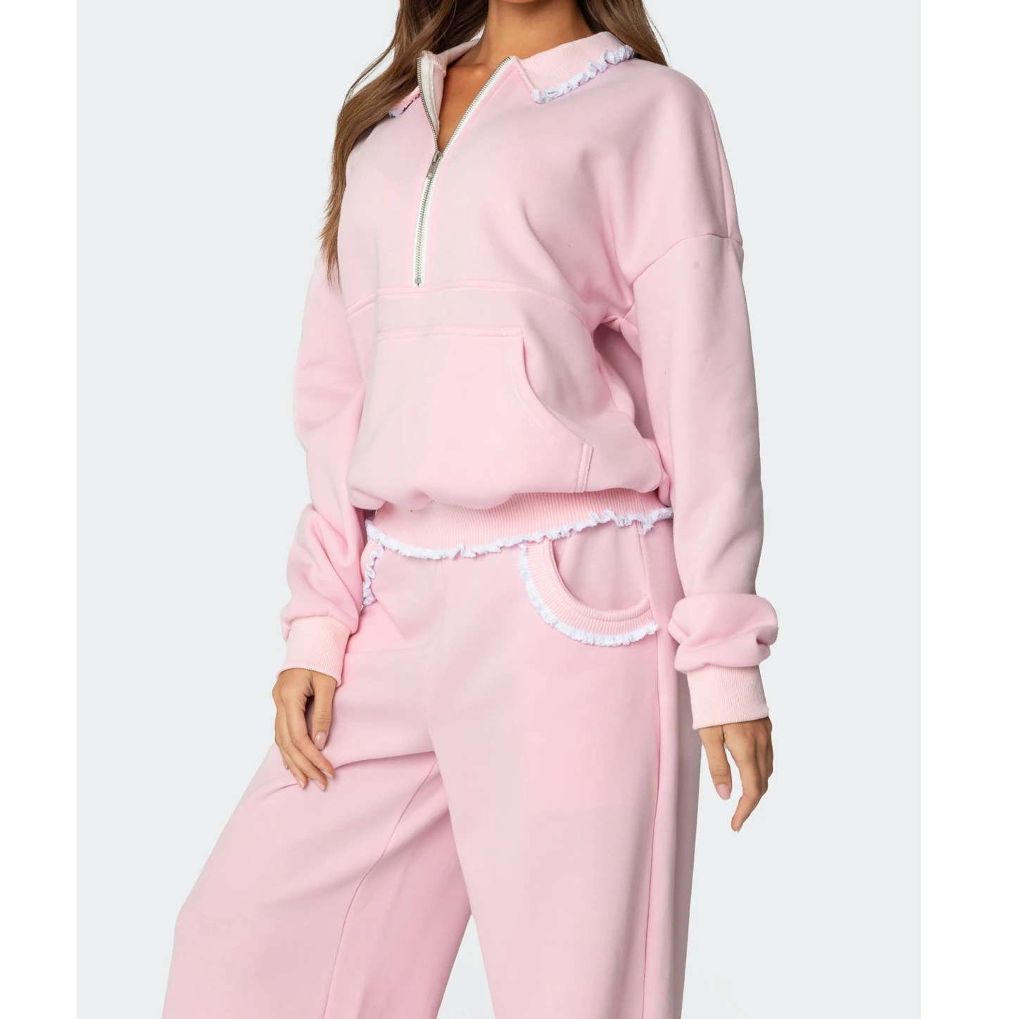 2025 가을 컬렉션 여성 루즈 러플 트림 세트 레이스 패치워크 테두리 지퍼 긴팔 팬츠 세트