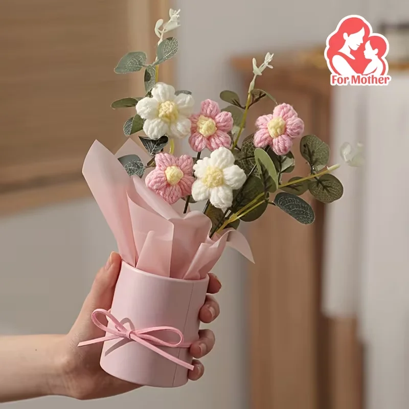 Handgefertigter Blumenstrauß mit Rosa Vase Inklusive 5 Gehäkelten Blumen, Stoff-Geschenkpapier und Band - Muttertag, Valentinstag