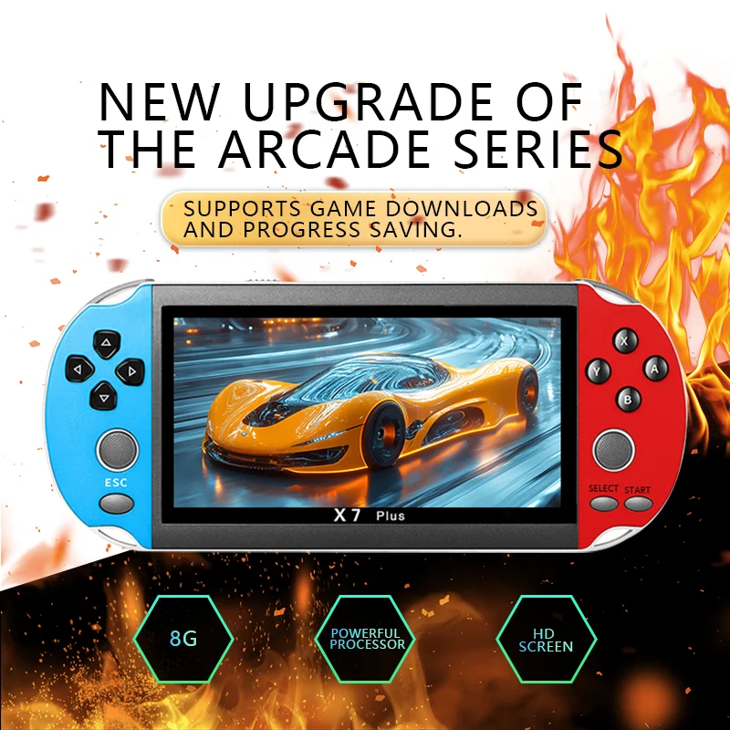 X7/X7PLUS وحدة تحكم ألعاب محمولة 4.3/5.1 بوصة شاشة محمولة عالية الوضوح مع فيديو واضح مدمج في العديد من ألعاب الأركيد الرجعية