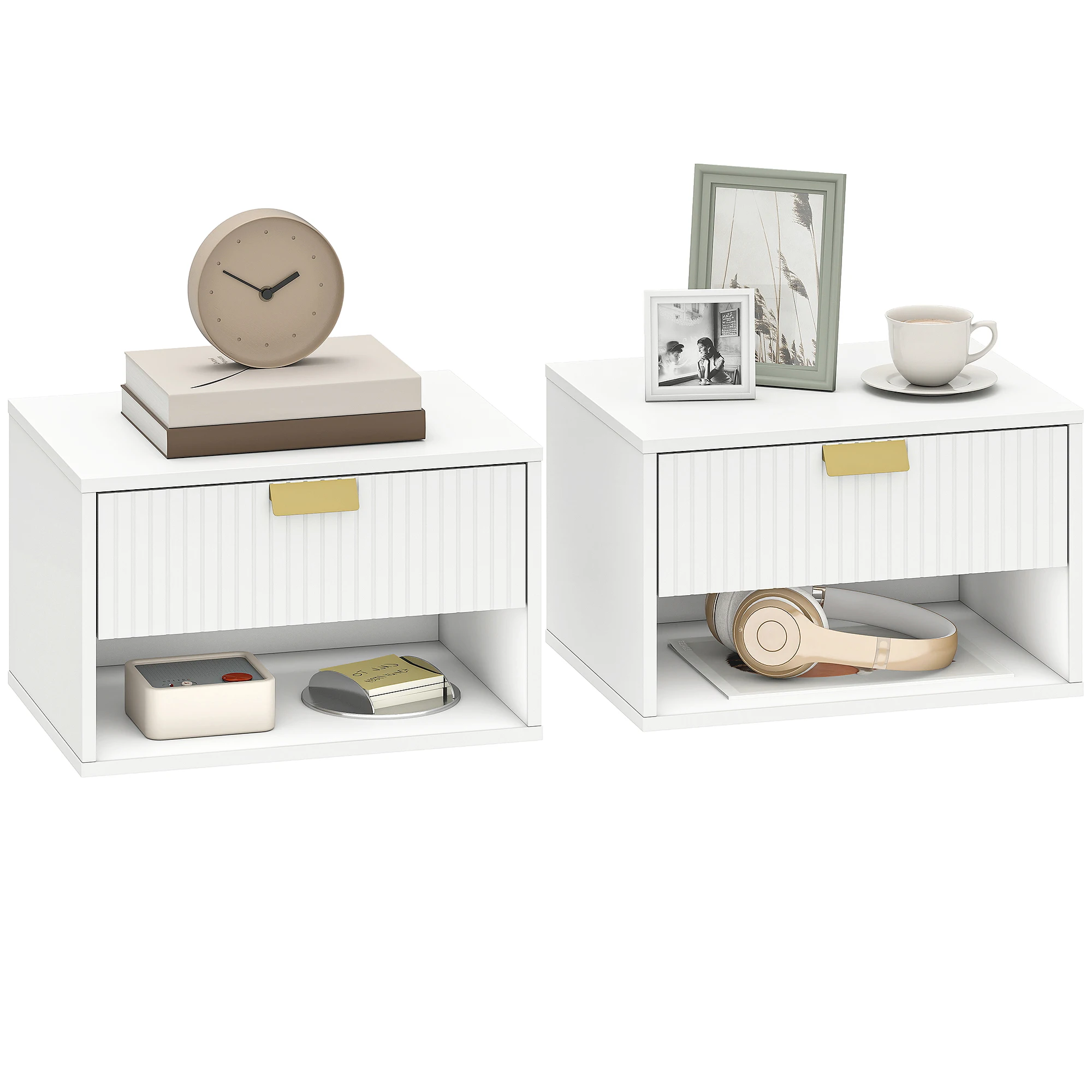 HOMCOM Juego de 2 Mesitas de Noche Flotantes, Mesillas de Noche con Cajón con Frente Ondulado y Estante Abierto, Diseño Moderno, para Dormitorio, 40x30x25 cm, Blanco