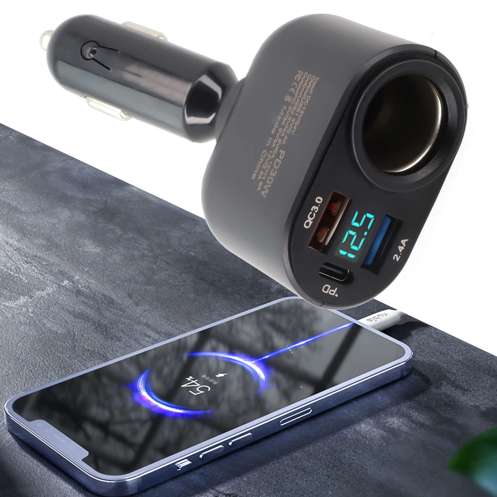 Multi Port Car Charger with for qc3 0 Fast Charging 3 USB Ports LED Digital Display 360 Degree Rotation Stable Load Bearing