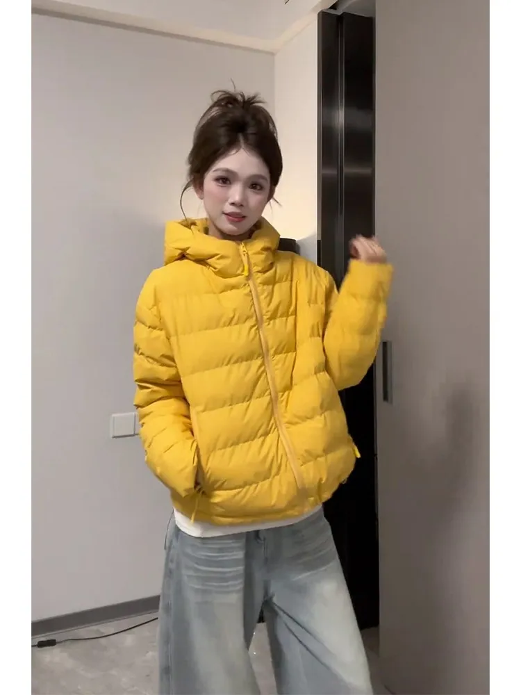 Yellow Lightweight Short Cotton Jacket Women's Winter Warmth Casual Style Thickened Fill Zipper Closure Long Sleeve Coat