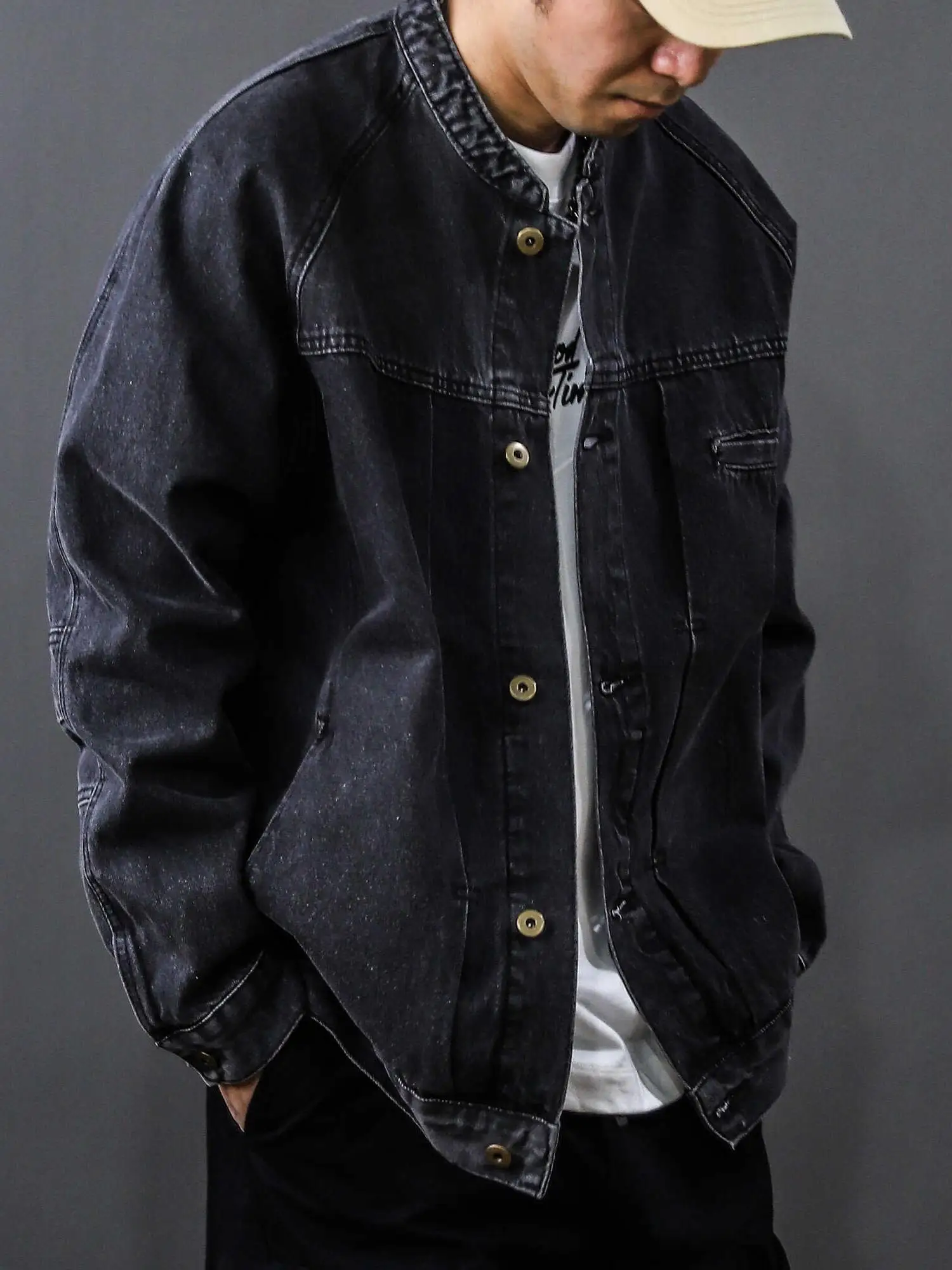 

Retro Waed American Splicing Denim Jaet Loose Fit ex Trendy Fall Winter Outerwear Long Sve No Collar Regular Length