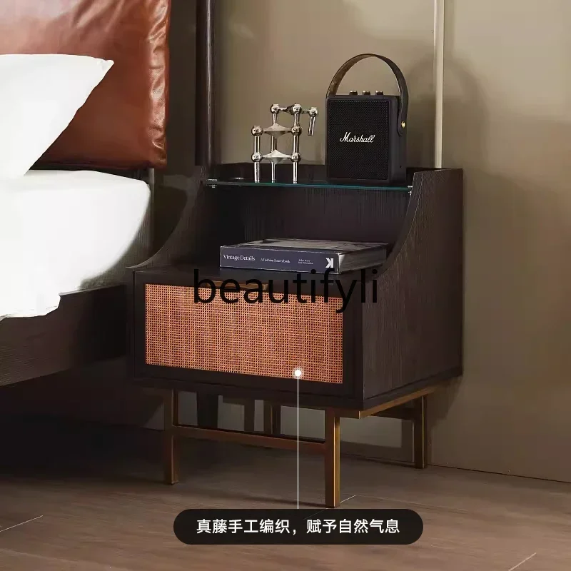 

ss K178ss25 Modern simple and retro old wabi style solid wood rattan bedside table Nordic side table drawer side cabinet