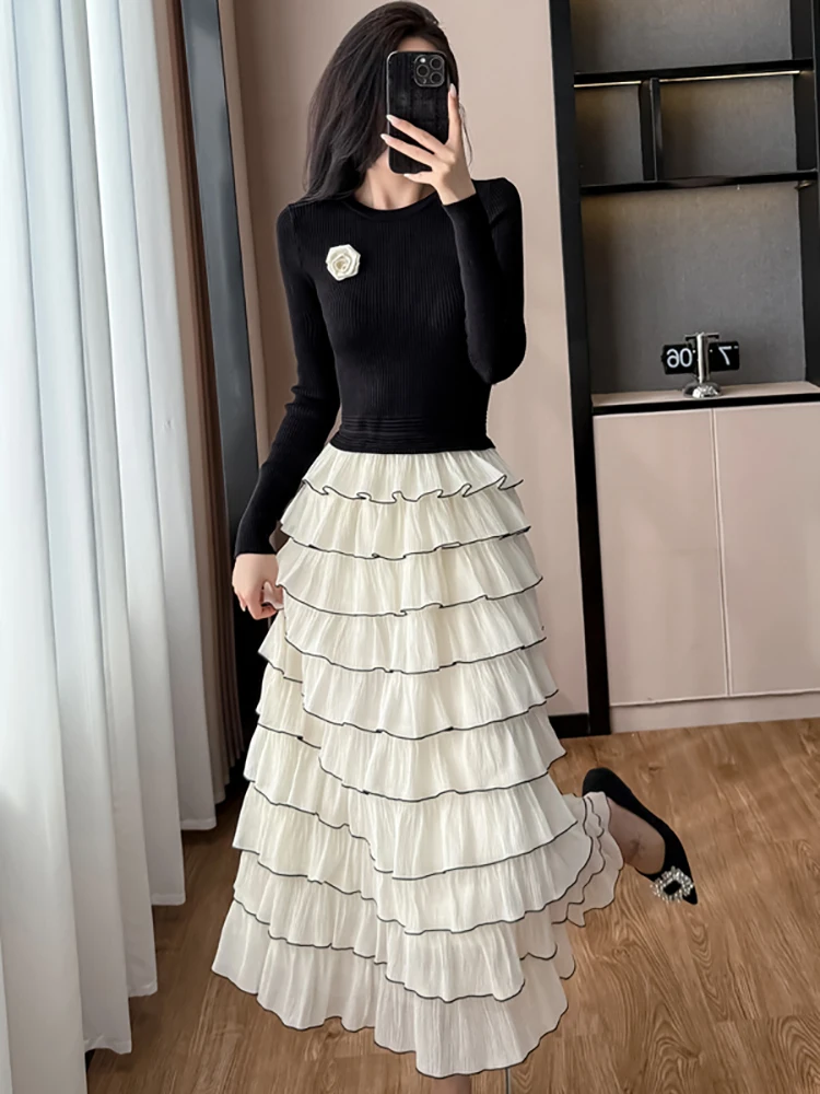 Feminino coreano vintage luxo vestido longo outono inverno preto malha retalhos branco em camadas vestido 2025 elegante bodycon vestido de baile