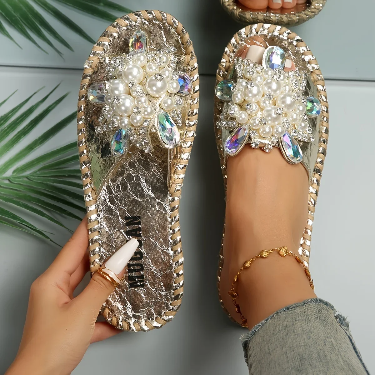 Women Faux Pearl Decor Slide Sandals Casual Open Toe Summer Shoes Lightweight Slide Sandals