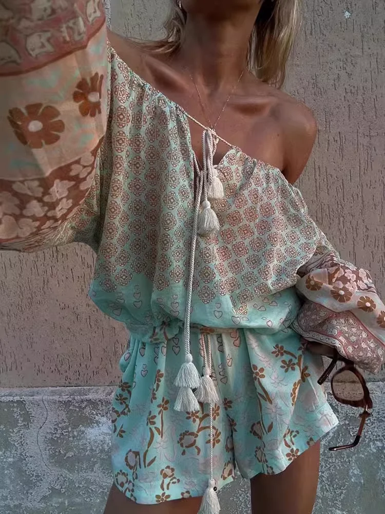 

2025 New Female Beach Style Suits Slash Collar Long Sleeve Cotton Shirt + Elastic Waist Shorts Casual Female Set