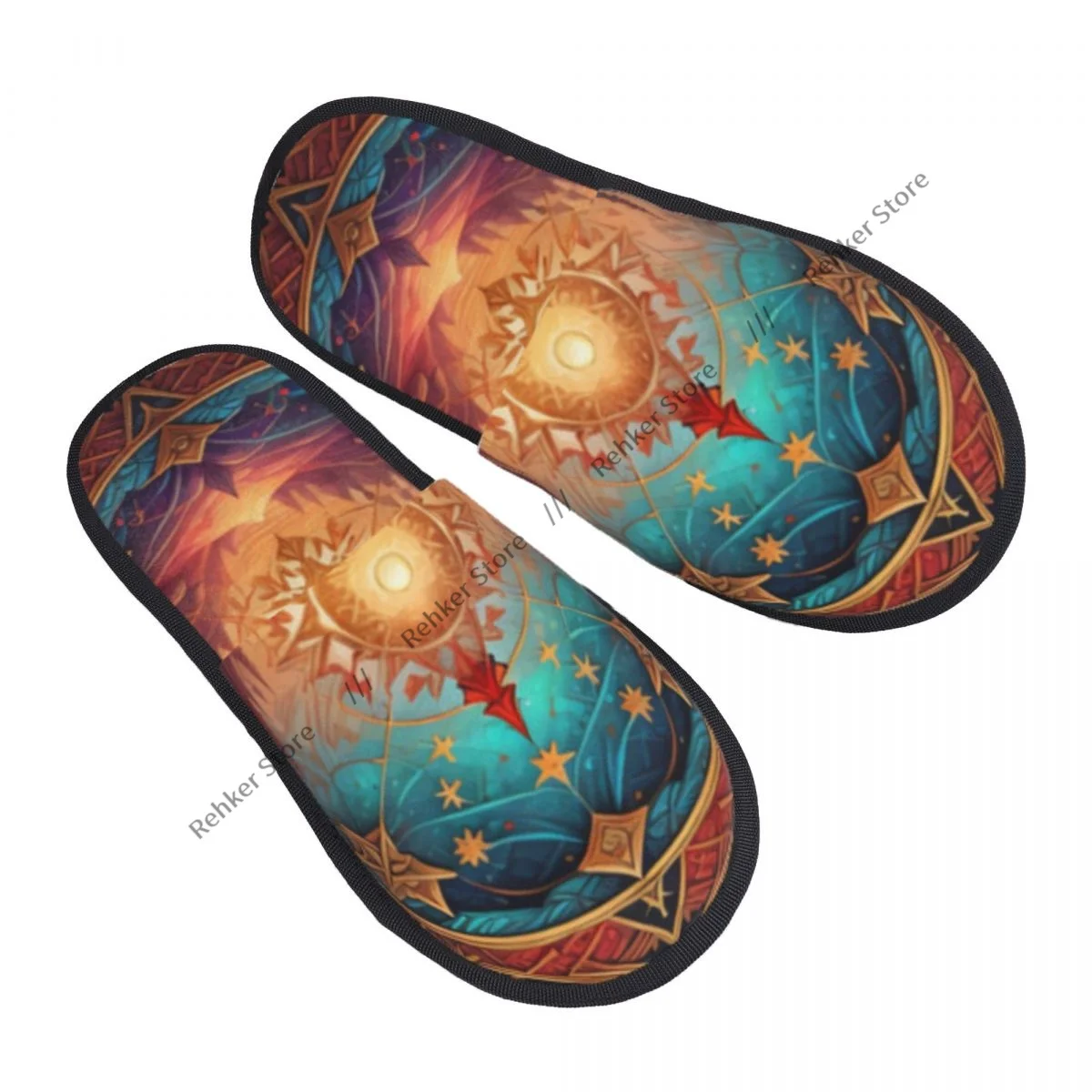 Winter Warm Women Men Plush Flat Indoor Slippers Mandala Sun And Forest Furry Home Non-slip Shoes