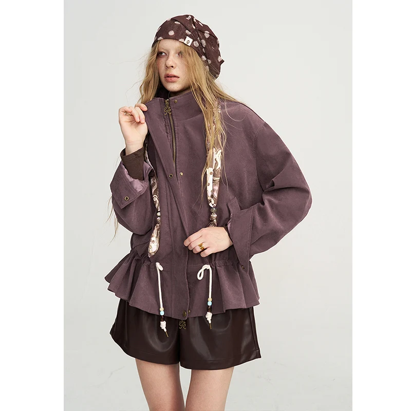 ELFSACK Women's Short Jacket with Lace Hem, Loose Fit Drawstring Waist Outerwear for Everyday Casual