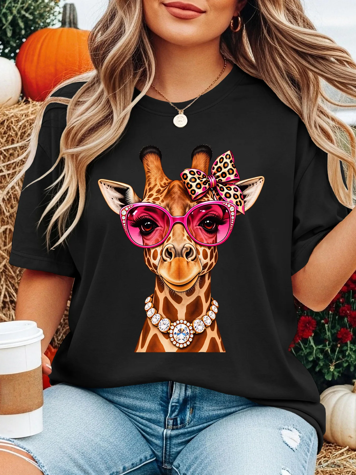 Women Crew Neck Tee Fancy Giraffe Pink Sunglasses Graphic Print Short Sleeve Loose Ladies Summer Cotton Plus Size Casual Top